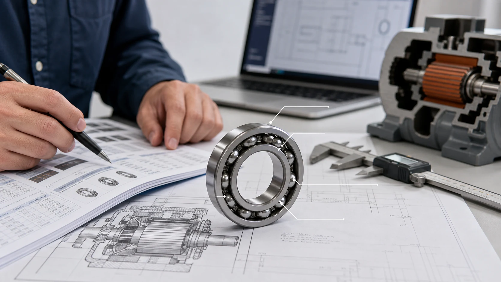 Engineer selecting a deep groove ball bearing for motor speed, radial load, sealing, and clearance requirements