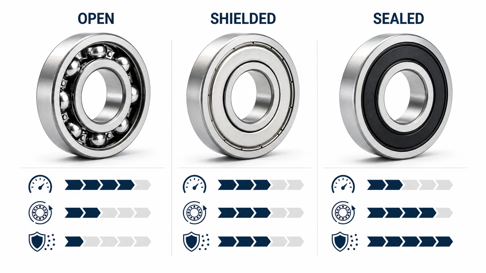 Open shielded and sealed deep groove ball bearings compared by speed friction and contamination protection