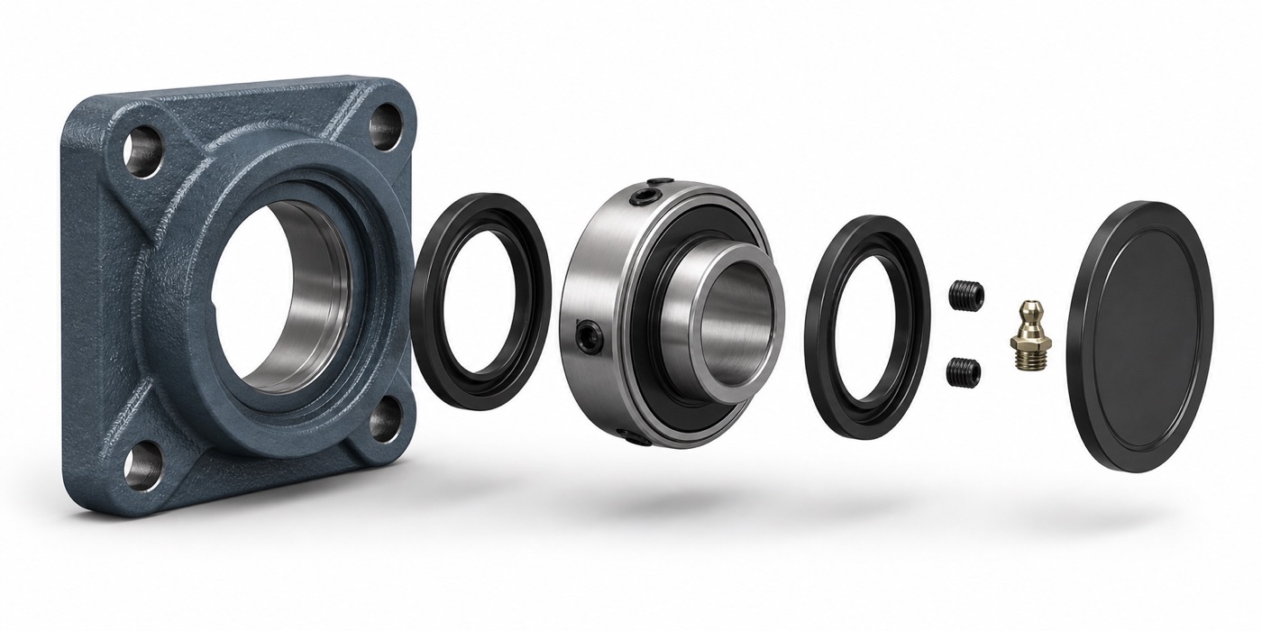 Exploded flange bearing unit showing housing insert bearing seals set screws grease fitting and end cover