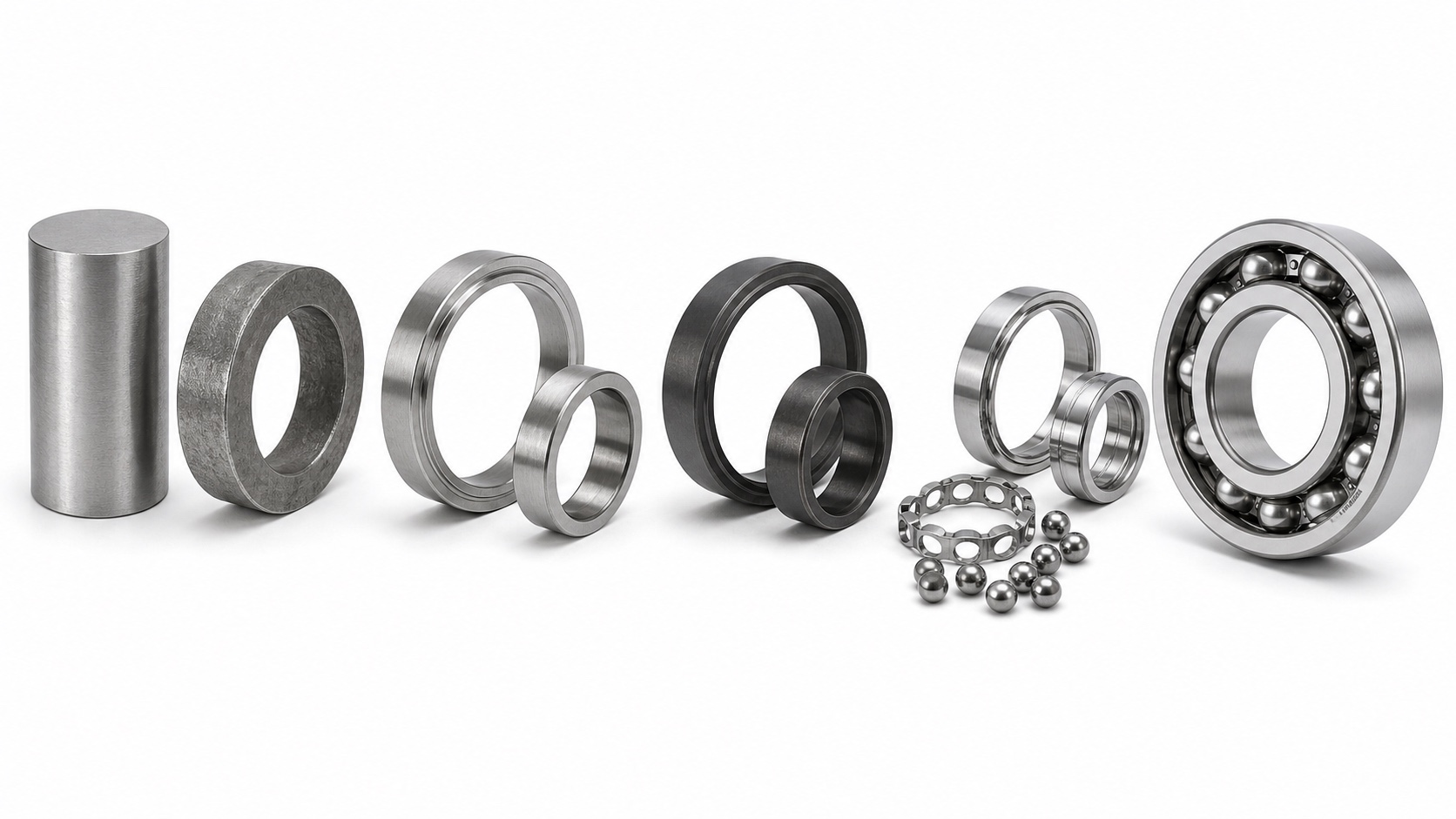 Ball bearing manufacturing process from raw steel and ring blanks to finished bearing