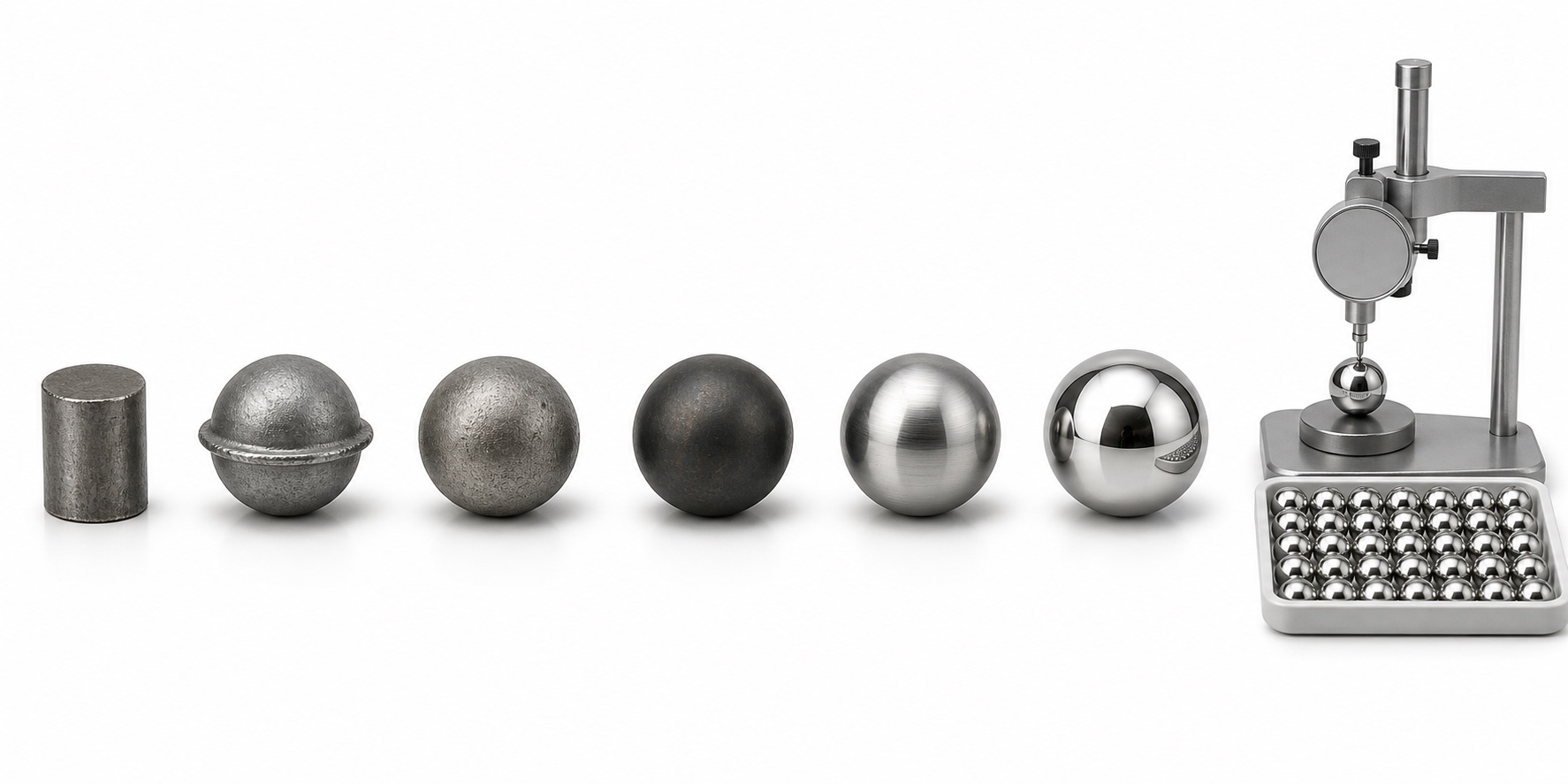 Stages of manufacturing a steel bearing ball from wire slug through inspection