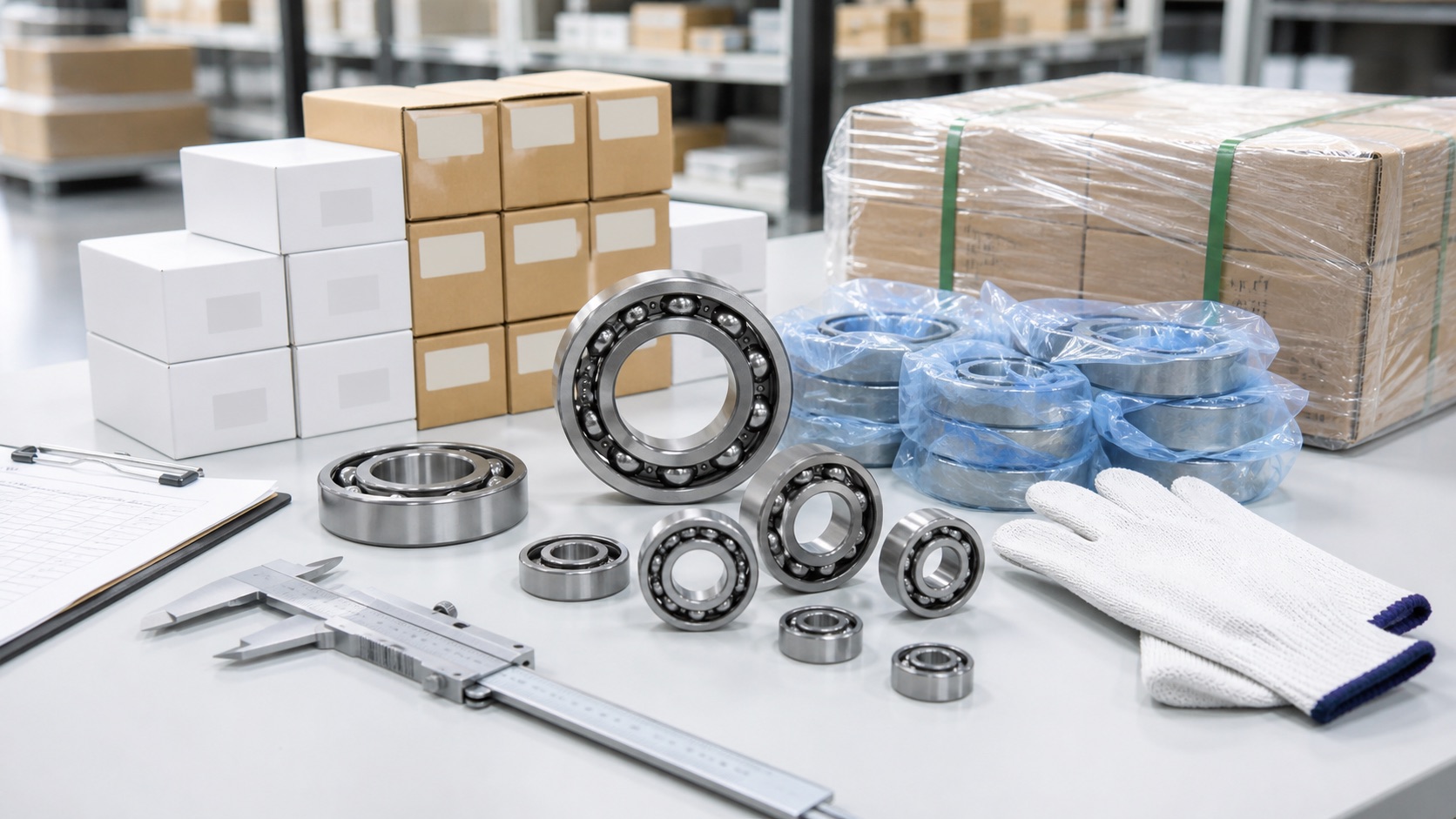 Deep groove ball bearings, inspection calipers, gloves, and export packaging prepared for bulk sourcing review