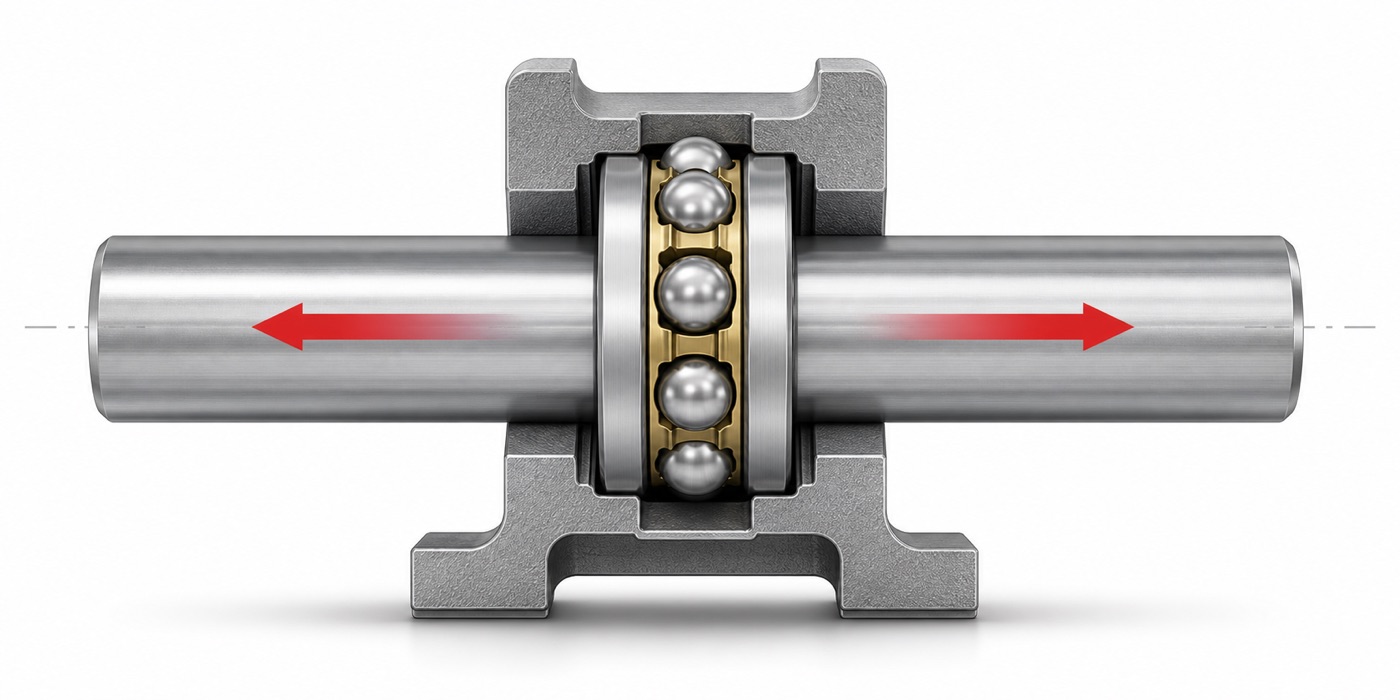 Thrust bearing axial load path showing shaft washer housing washer ball cage and thrust direction
