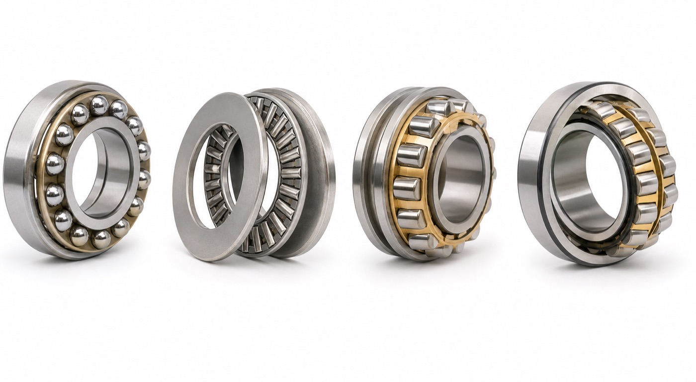 Thrust bearing family types including ball needle cylindrical roller and spherical roller thrust bearings