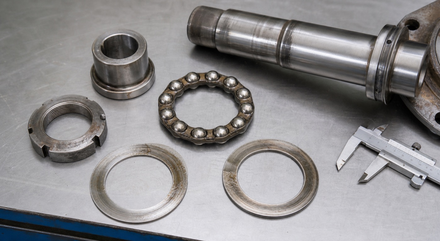 Thrust bearing replacement inspection with washers locknut shaft shoulder and wear marks
