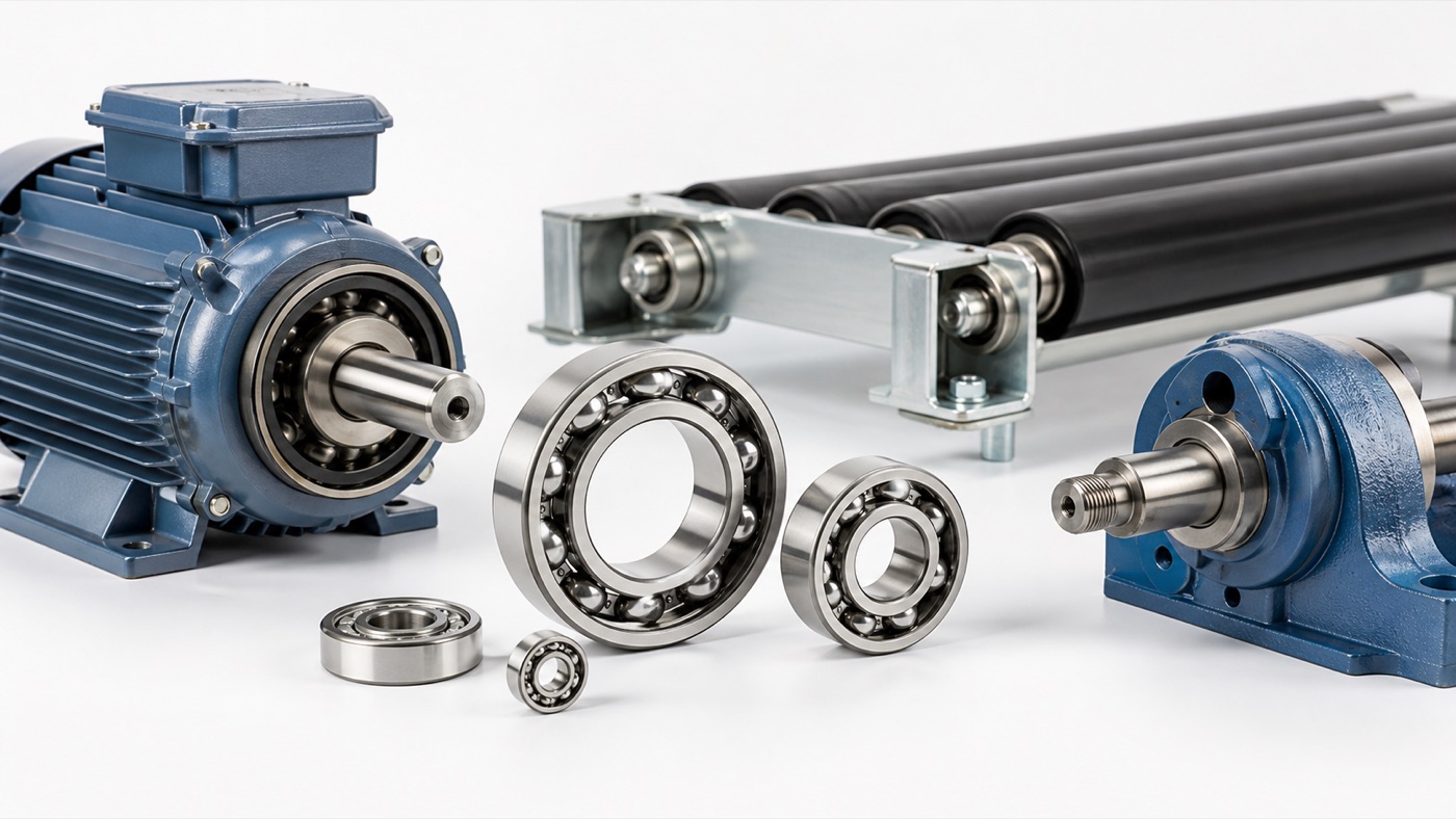 Bearings shown with motor, roller, shaft, and mounted equipment examples on a clean industrial background