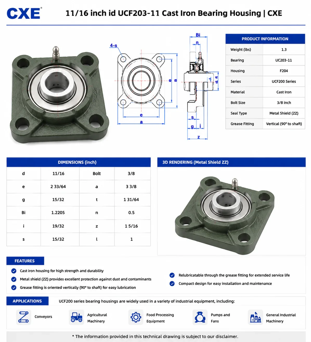 11/16 inch id UCF203-11 Cast Iron Bearing Housing