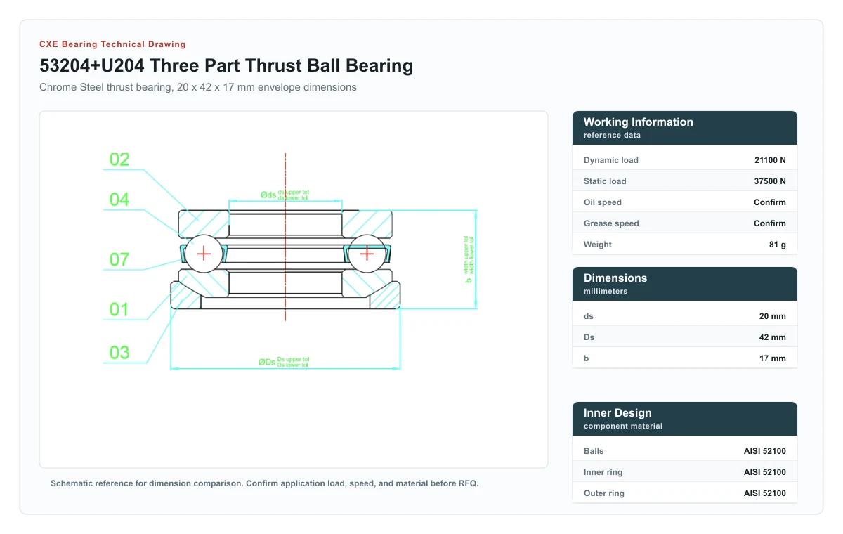 CXE Bearing 53204+U204 three part thrust ball bearing technical drawing