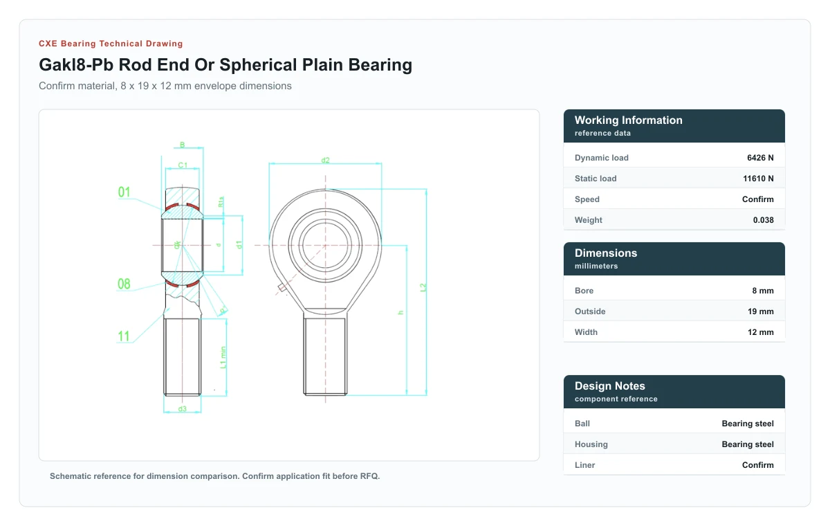 Desenho técnico GAKL8-PB Rod Ends And Spherical Plain Bearings CXE Bearing