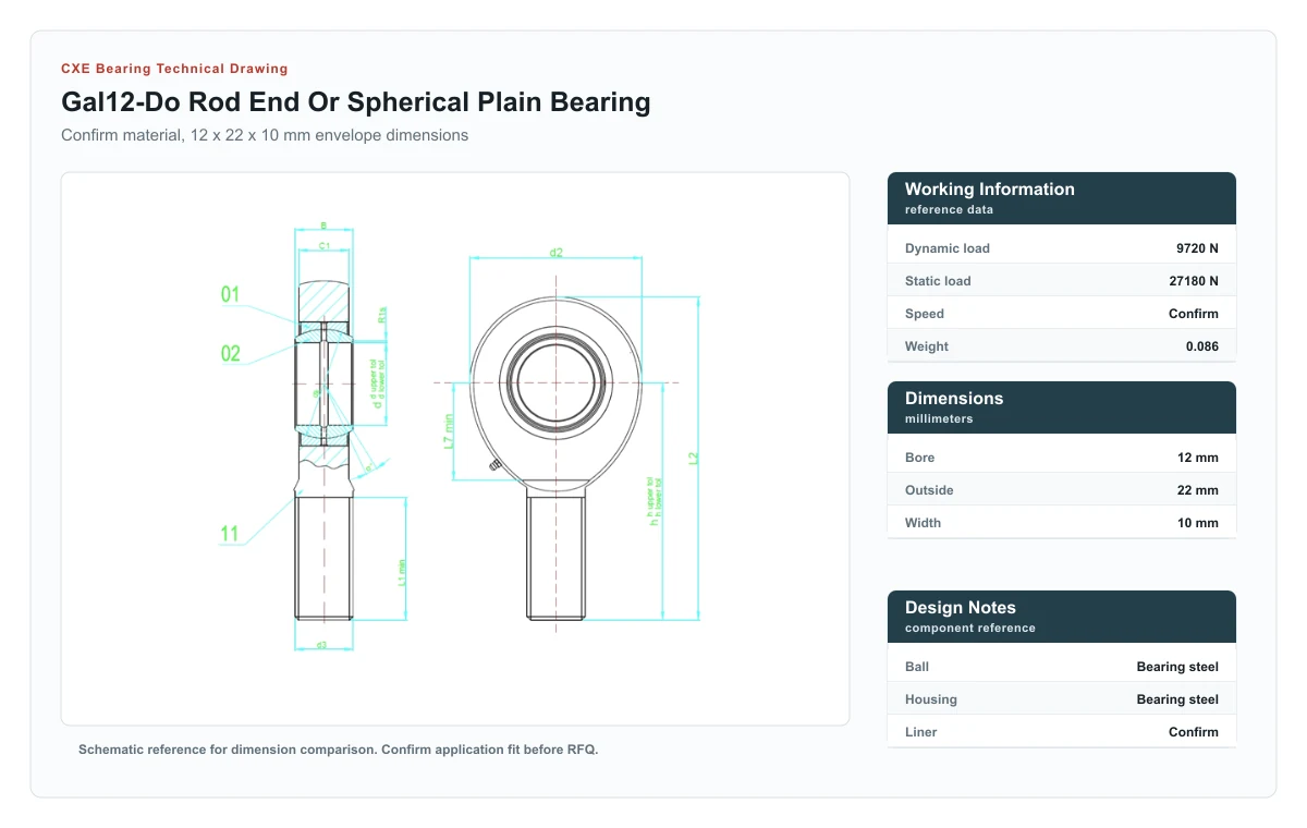 Desenho técnico GAL12-DO Rod Ends And Spherical Plain Bearings CXE Bearing