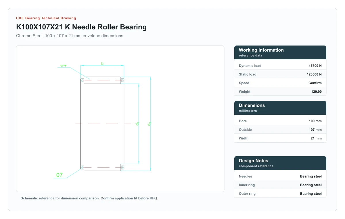 CXE Bearing K100X107X21 K Needle Roller Bearings technical drawing