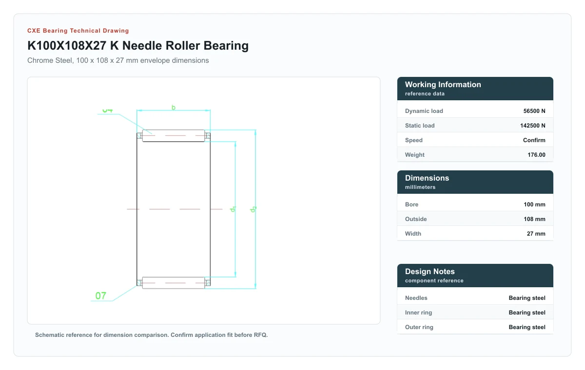 CXE Bearing K100X108X27 K Needle Roller Bearings technical drawing