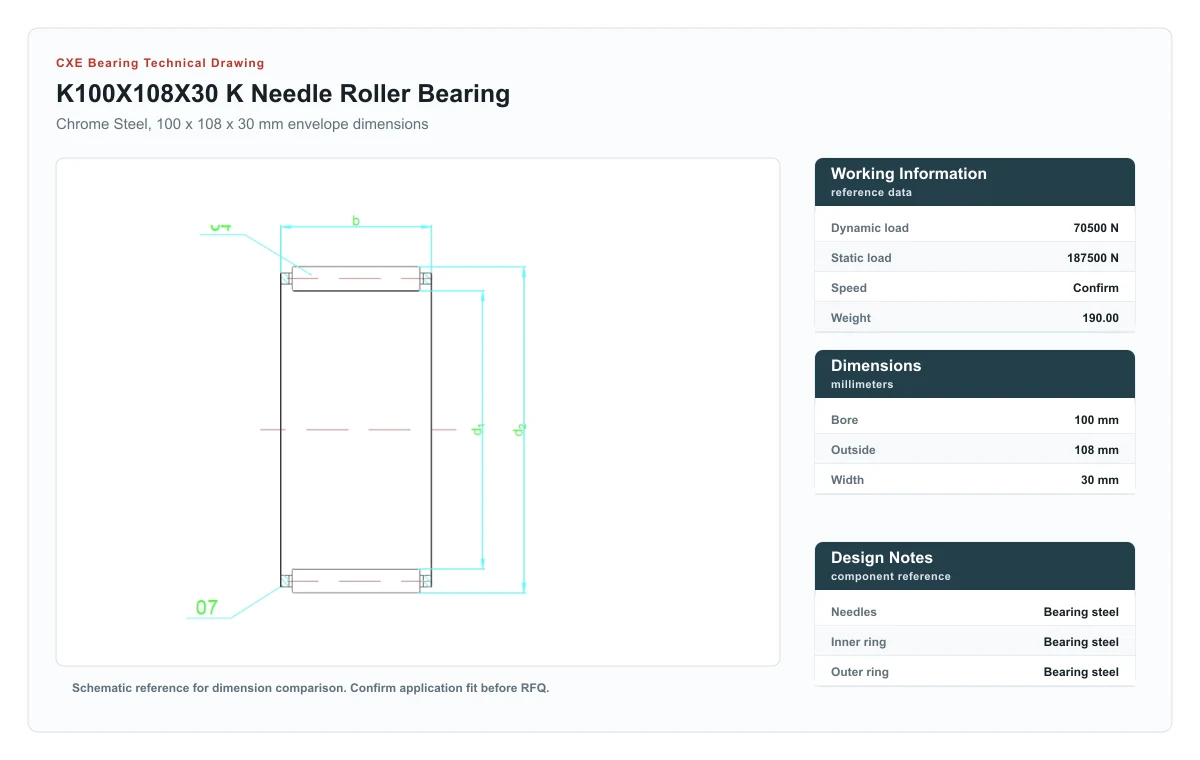 CXE Bearing K100X108X30 K Needle Roller Bearings technical drawing