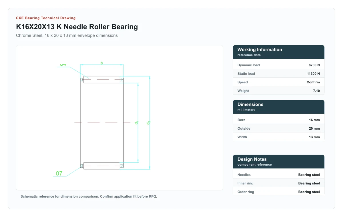 CXE Bearing K16X20X13 K Needle Roller Bearings technical drawing