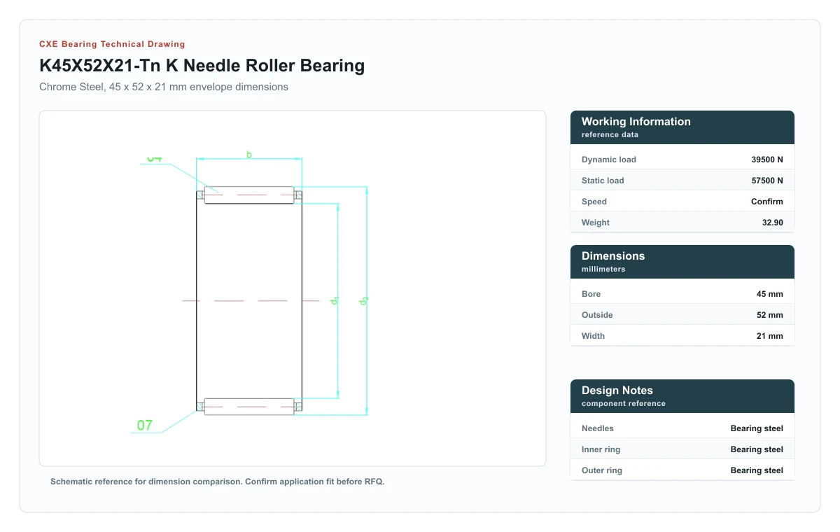CXE Bearing K45X52X21-TN K Needle Roller Bearings technical drawing