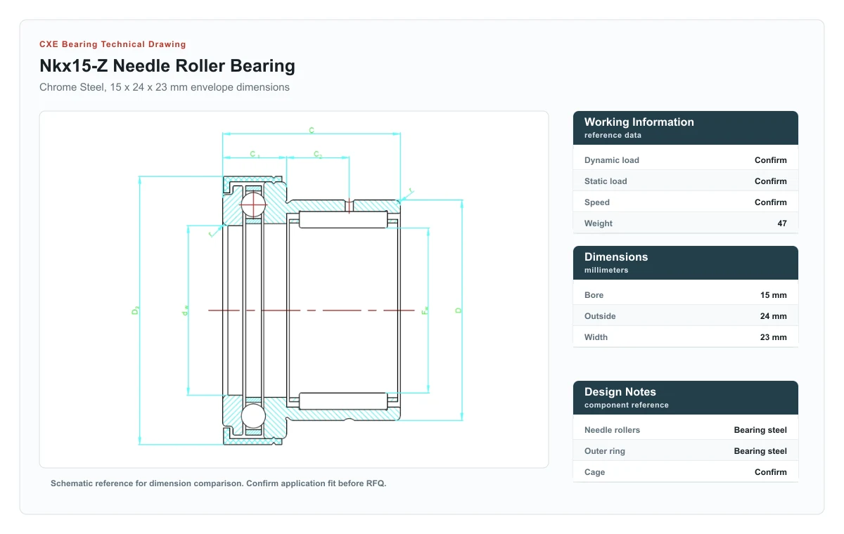 CXE Bearing NKX15-Z Needle Roller Bearings technical drawing