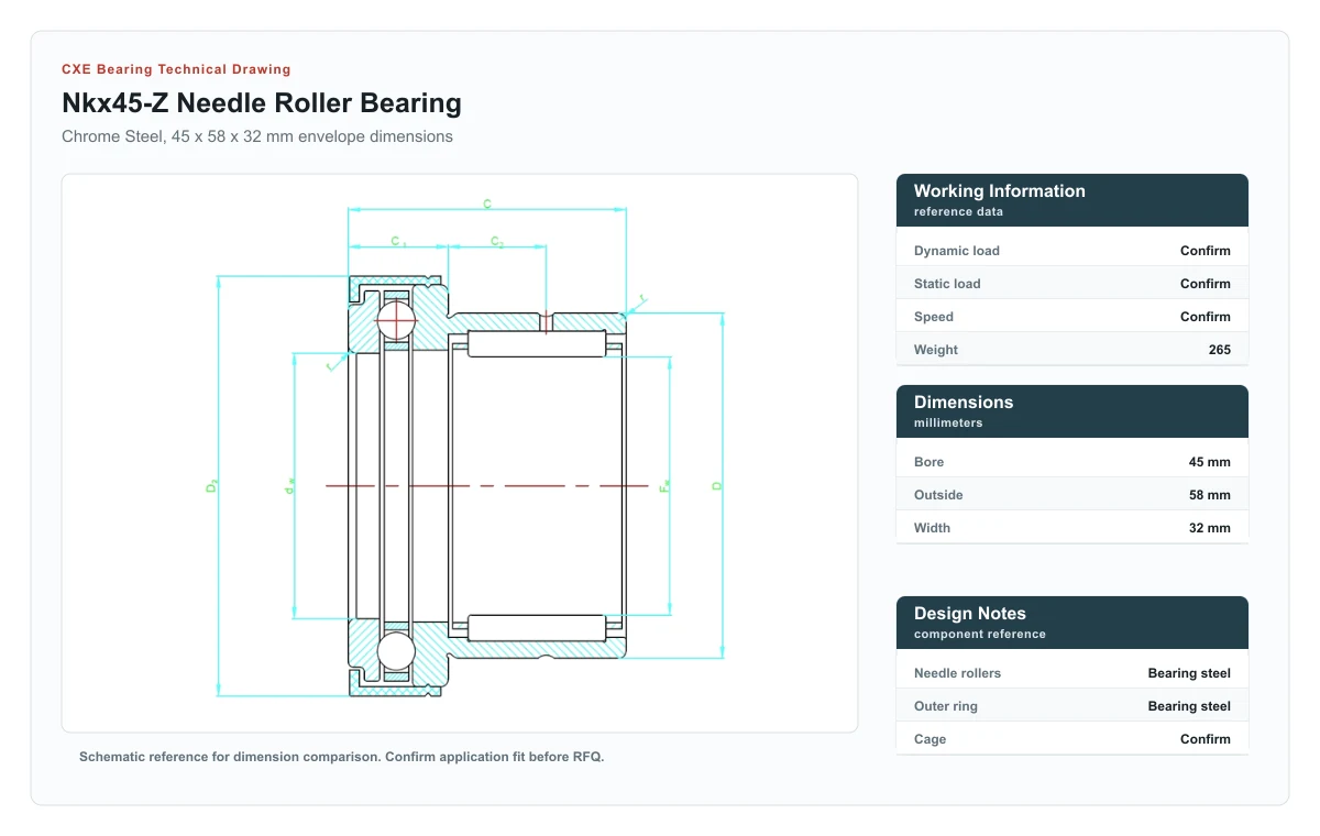 CXE Bearing NKX45-Z Needle Roller Bearings technical drawing